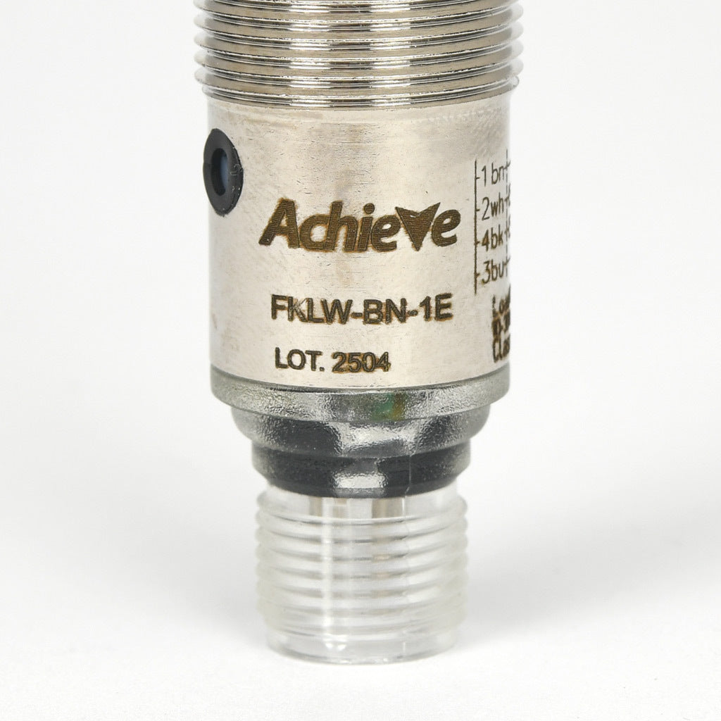 AchieVe photoelectric sensor, tubular, threaded, diffuse with background suppression, 30-150mm sensing distance, complementary light-on/dark-on, NPN, potentiometer, 1.5 kHz switching frequency, 4-pin M12 quick-disconnect.-FKLW-BN-1E
