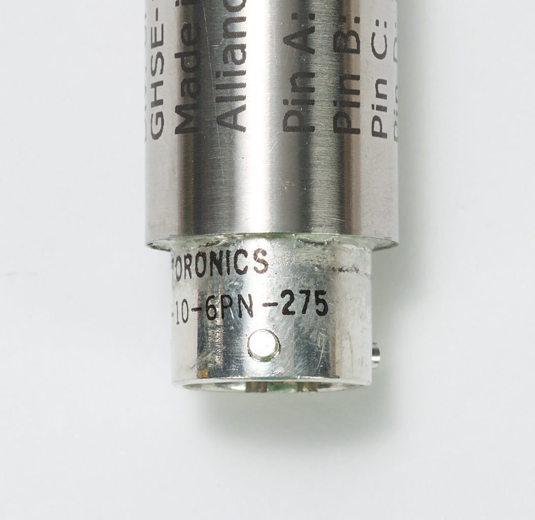 Alliance Sensors inductive linear position sensor, spring loaded slide, 6.4mm stroke, 0-10 VDC output, 19mm diameter x 82.6mm body, 1/2-20 UNF mount, 6-pin PT0.-GHSE19-006A-02-10S