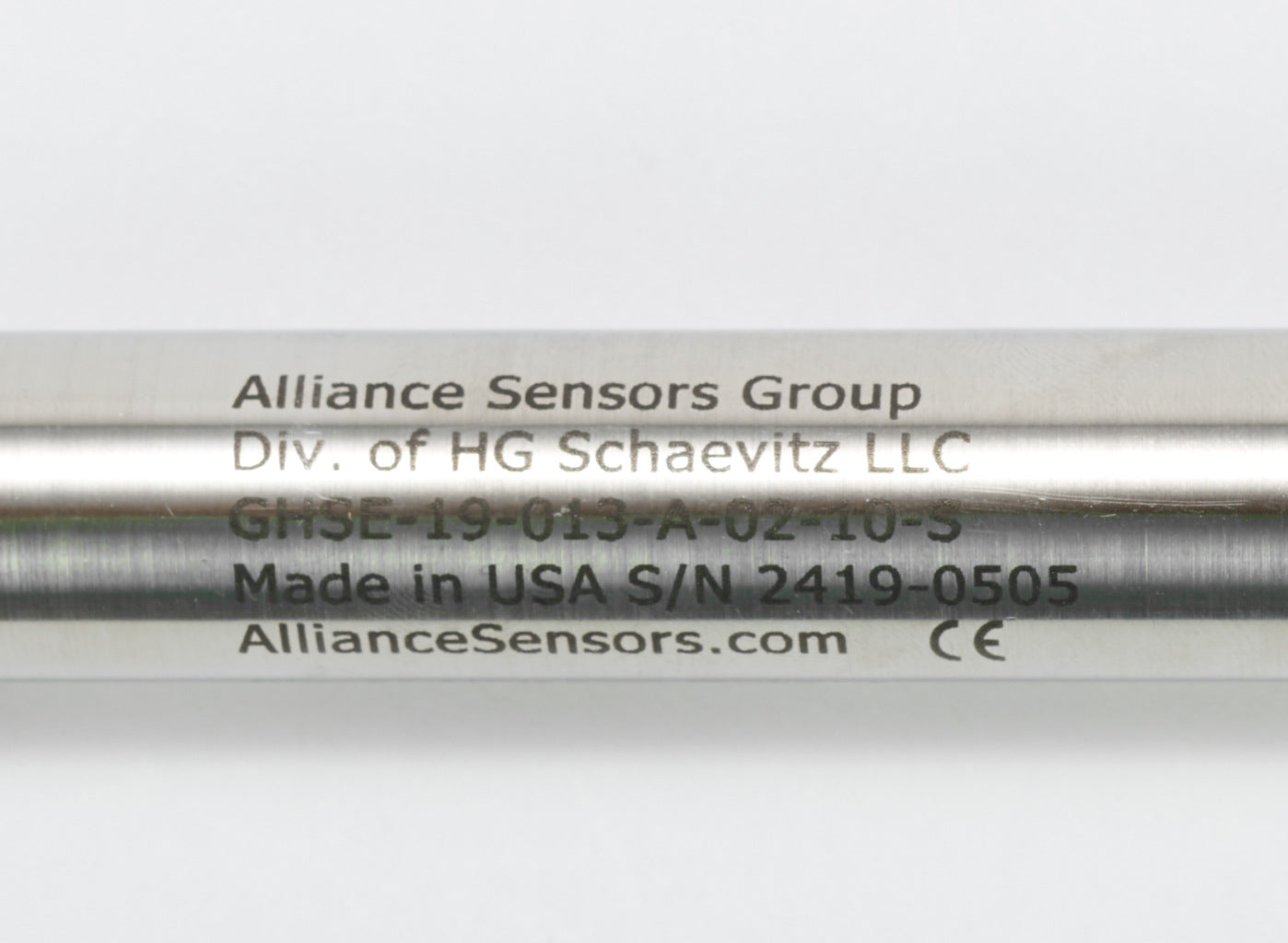 Alliance Sensors inductive linear position sensor, spring loaded slide, 13mm stroke, 0-10 VDC output, 19mm diameter x 88.9mm body, 1/2-20 UNF mount, 6-pin PT0.-GHSE19-013A-02-10S