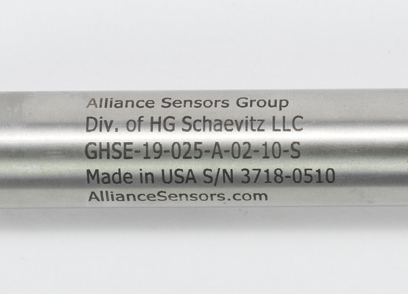 Alliance Sensors inductive linear position sensor, spring loaded slide, 25mm stroke, 0-10 VDC output, 19mm diameter x 101.6mm body, 1/2-20 UNF mount, 6-pin PT0.-GHSE19-025A-02-10S