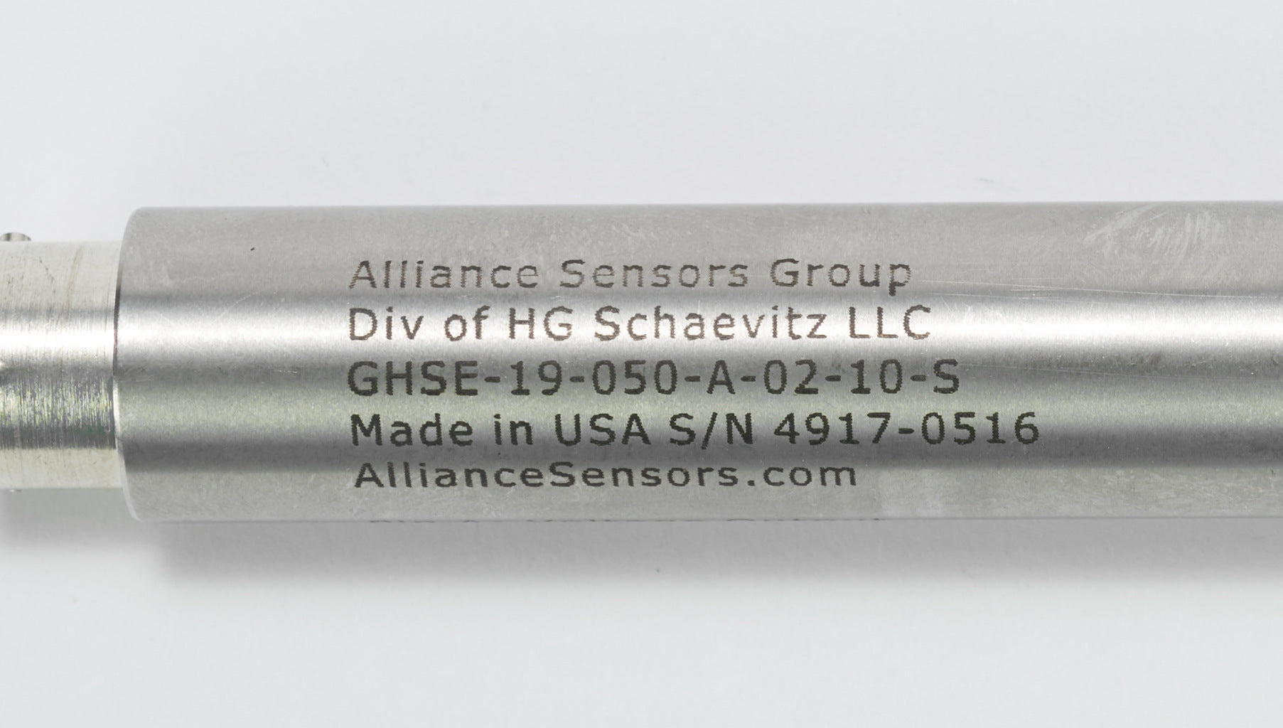 Alliance Sensors inductive linear position sensor, spring loaded slide, 50mm stroke, 0-10 VDC output, 19mm diameter x 129.0mm body, 1/2-20 UNF mount, 6-pin PT0.-GHSE19-050A-02-10S
