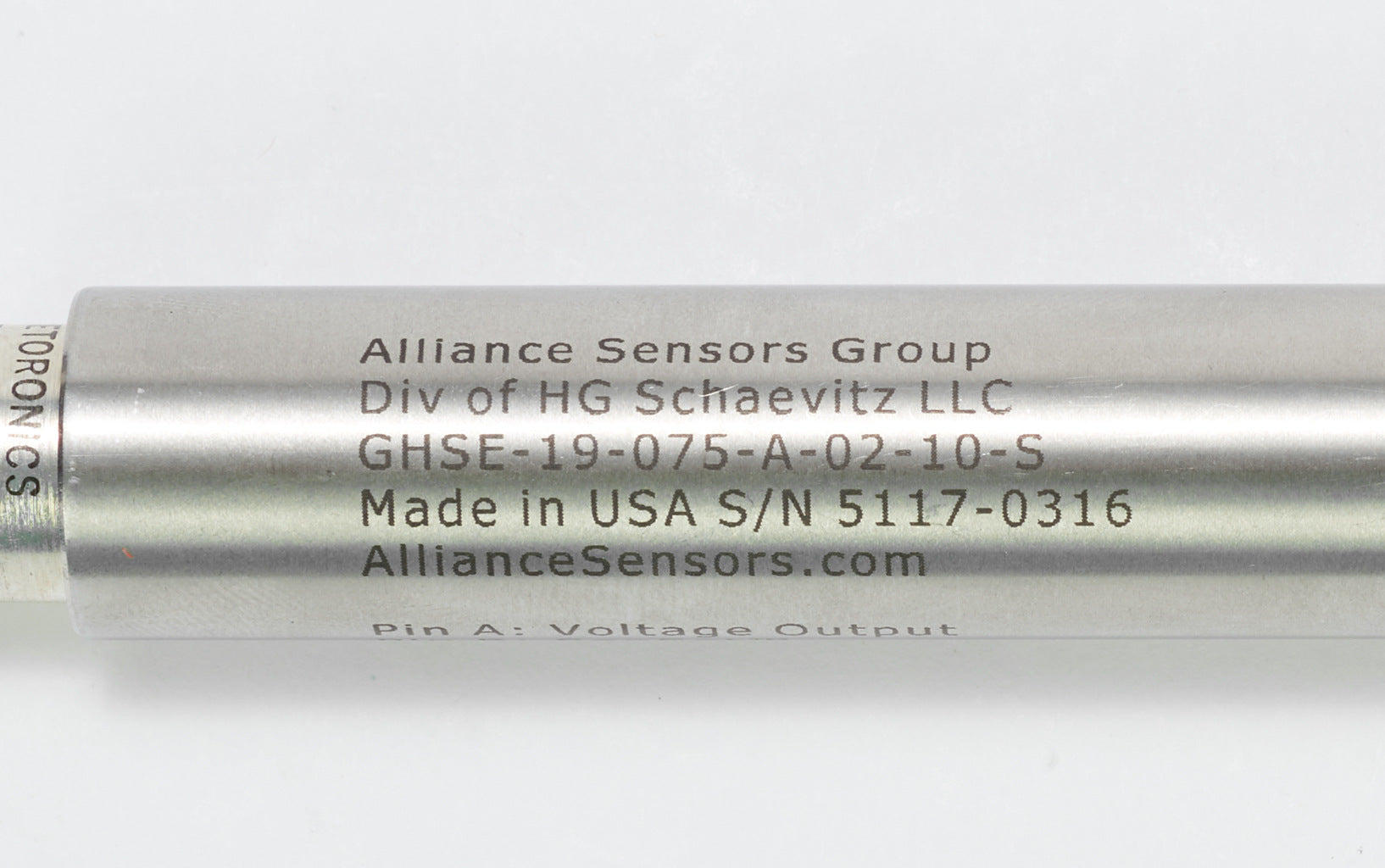 Alliance Sensors inductive linear position sensor, spring loaded slide, 75mm stroke, 0-10 VDC output, 19mm diameter x 166.5mm body, 1/2-20 UNF mount, 6-pin PT0.-GHSE19-075A-02-10S