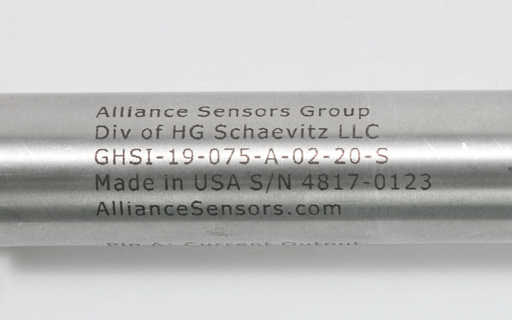 Alliance Sensors inductive linear position sensor, spring loaded slide, 75mm stroke, 4-20 mA output, 19mm diameter x 166.5mm body, 1/2-20 UNF mount, 6-pin PT0.-GHSI19-075A-02-20S