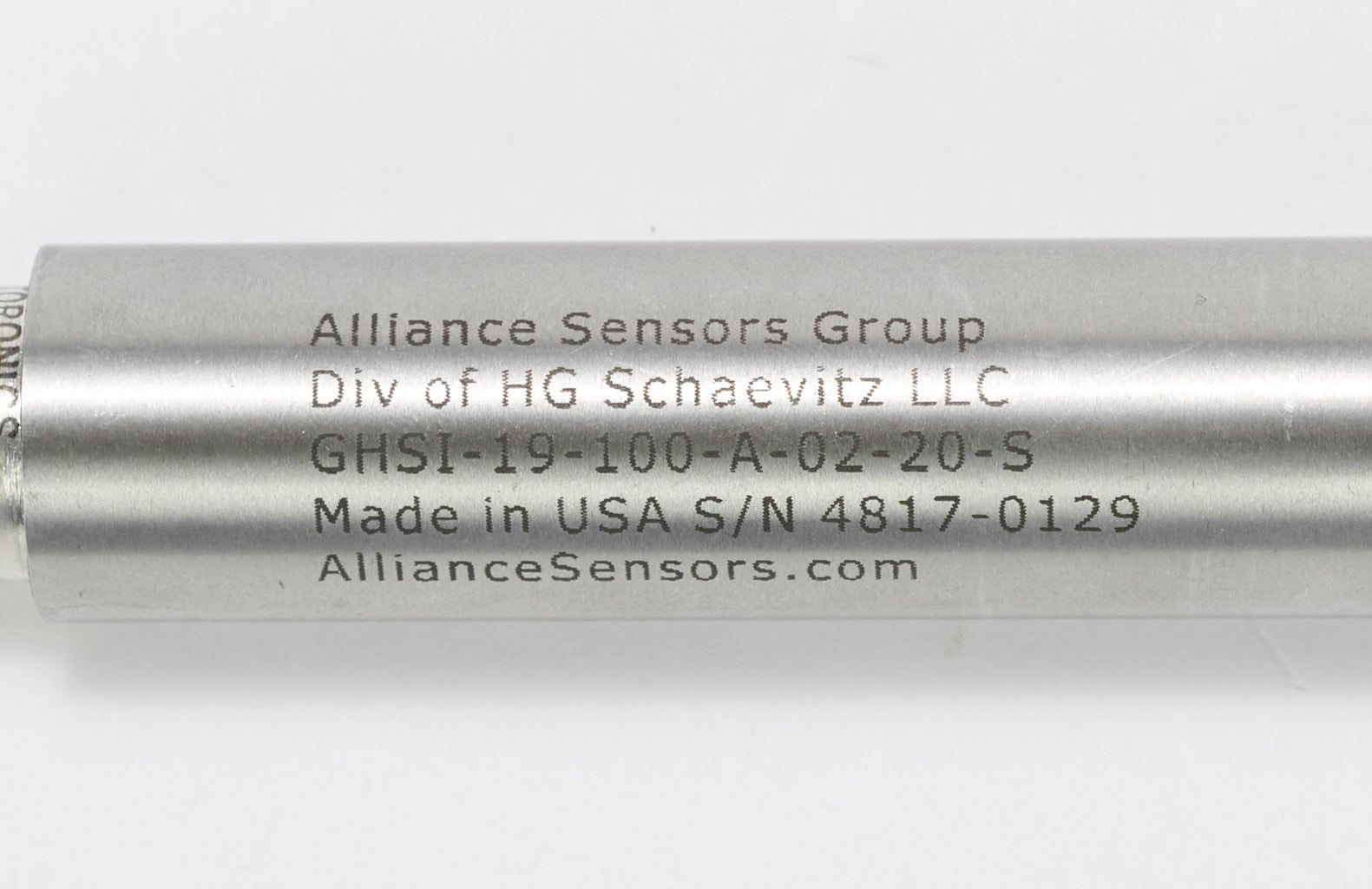 Alliance Sensors inductive linear position sensor, spring loaded slide, 100mm stroke, 4-20 mA output, 19mm diameter x 194.1mm body, 1/2-20 UNF mount, 6-pin PT0.-GHSI19-100A-02-20S