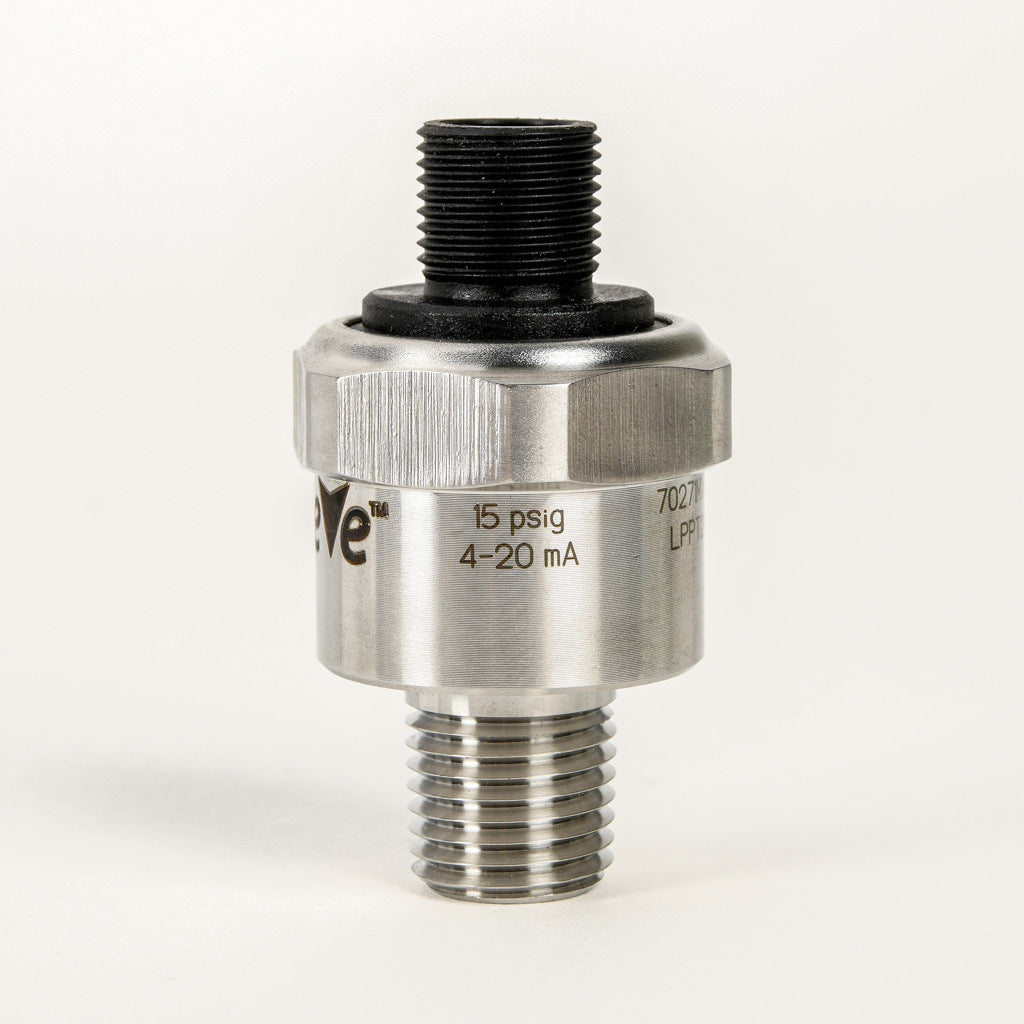 AchieVe pressure transmitter, 0 to 15 psig range, +/- 1% accuracy, stainless steel sensing element, 4-20 mA analog output, 1/4in male NPT process connection, 9-32 VDC operating voltage, 4-pin M12 quick-disconnect.-LPPT25-20-0015H