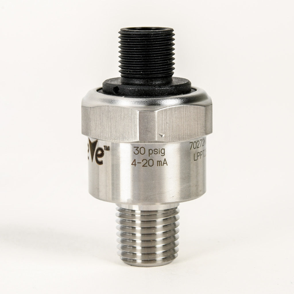 AchieVe pressure transmitter, 0 to 30 psig range, +/- 1% accuracy, stainless steel sensing element, 4-20 mA analog output, 1/4in male NPT process connection, 9-32 VDC operating voltage, 4-pin M12 quick-disconnect.-LPPT25-20-0030H