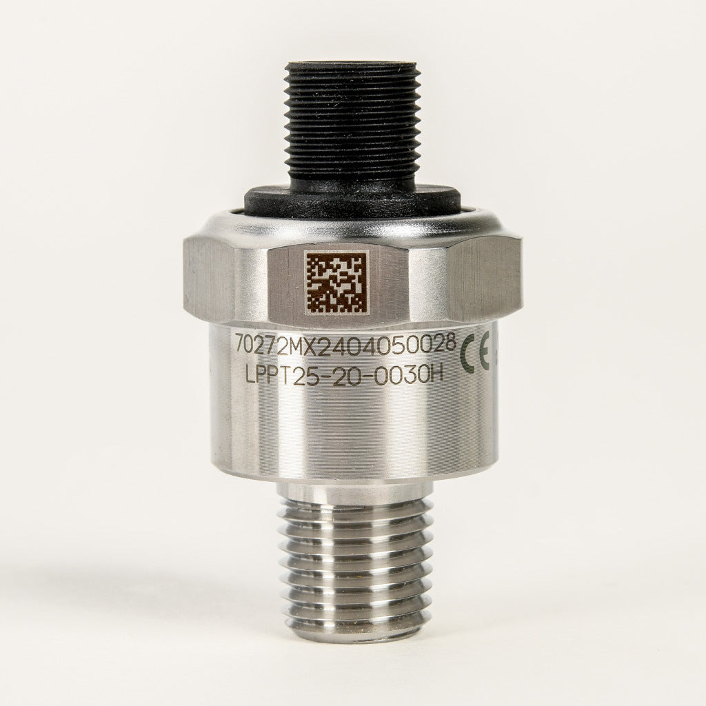 AchieVe pressure transmitter, 0 to 30 psig range, +/- 1% accuracy, stainless steel sensing element, 4-20 mA analog output, 1/4in male NPT process connection, 9-32 VDC operating voltage, 4-pin M12 quick-disconnect.-LPPT25-20-0030H
