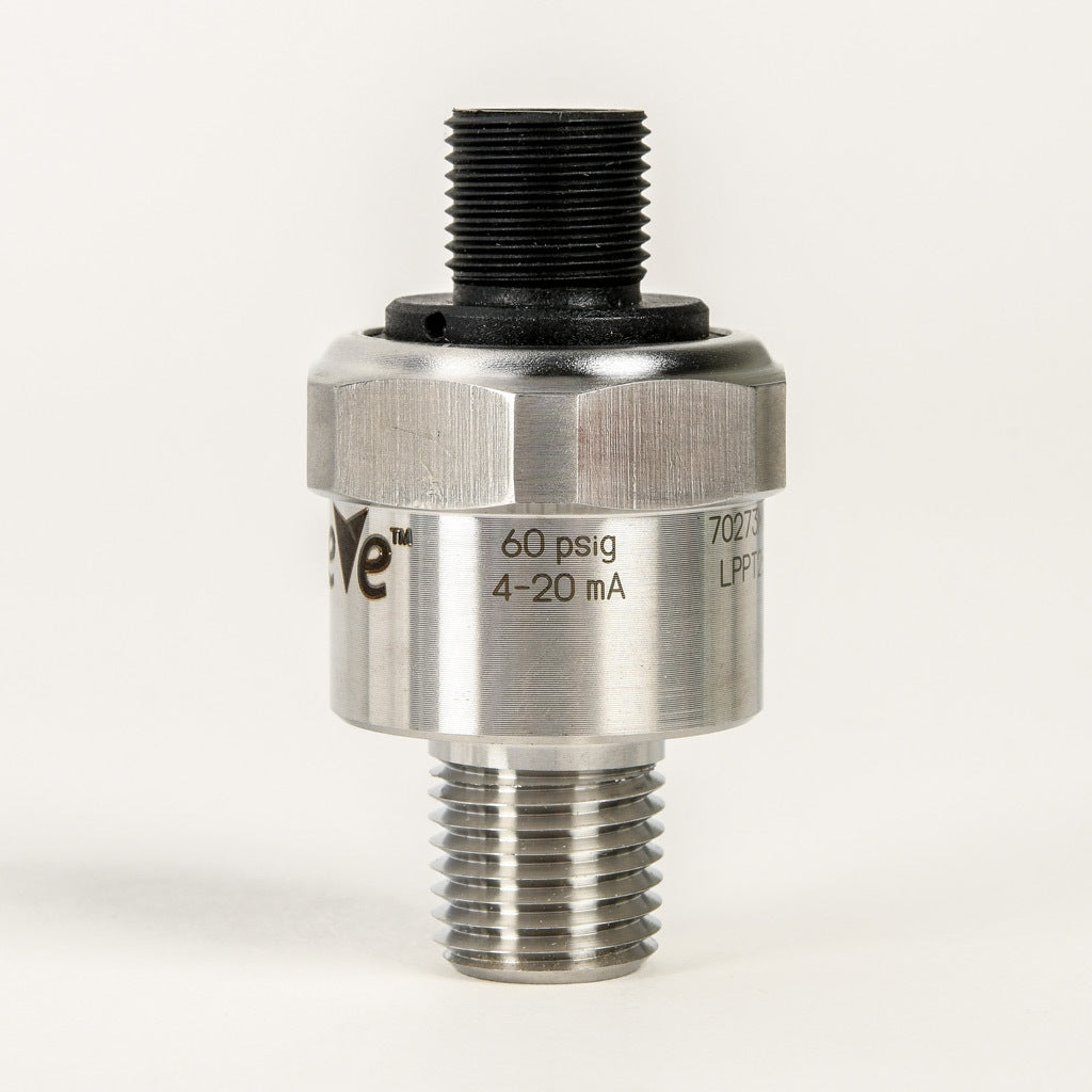 AchieVe pressure transmitter, 0 to 60 psig range, +/- 1% accuracy, stainless steel sensing element, 4-20 mA analog output, 1/4in male NPT process connection, 9-32 VDC operating voltage, 4-pin M12 quick-disconnect.-LPPT25-20-0060H