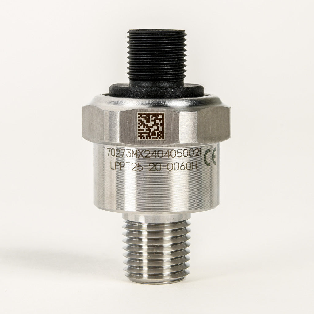 AchieVe pressure transmitter, 0 to 60 psig range, +/- 1% accuracy, stainless steel sensing element, 4-20 mA analog output, 1/4in male NPT process connection, 9-32 VDC operating voltage, 4-pin M12 quick-disconnect.-LPPT25-20-0060H