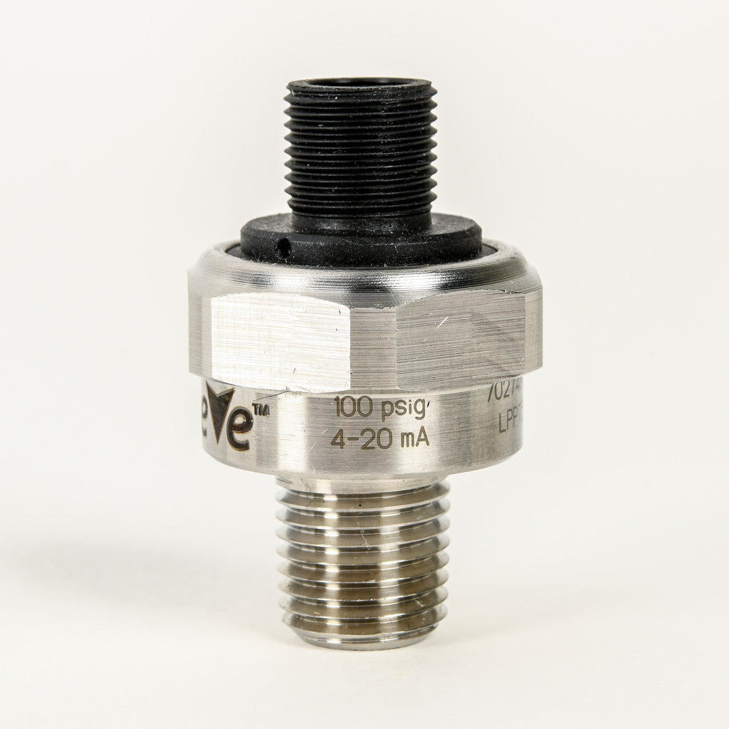 AchieVe pressure transmitter, 0 to 100 psig range, +/- 1% accuracy, stainless steel sensing element, 4-20 mA analog output, 1/4in male NPT process connection, 9-32 VDC operating voltage, 4-pin M12 quick-disconnect.-LPPT25-20-0100H