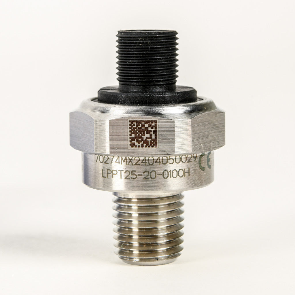 AchieVe pressure transmitter, 0 to 100 psig range, +/- 1% accuracy, stainless steel sensing element, 4-20 mA analog output, 1/4in male NPT process connection, 9-32 VDC operating voltage, 4-pin M12 quick-disconnect.-LPPT25-20-0100H