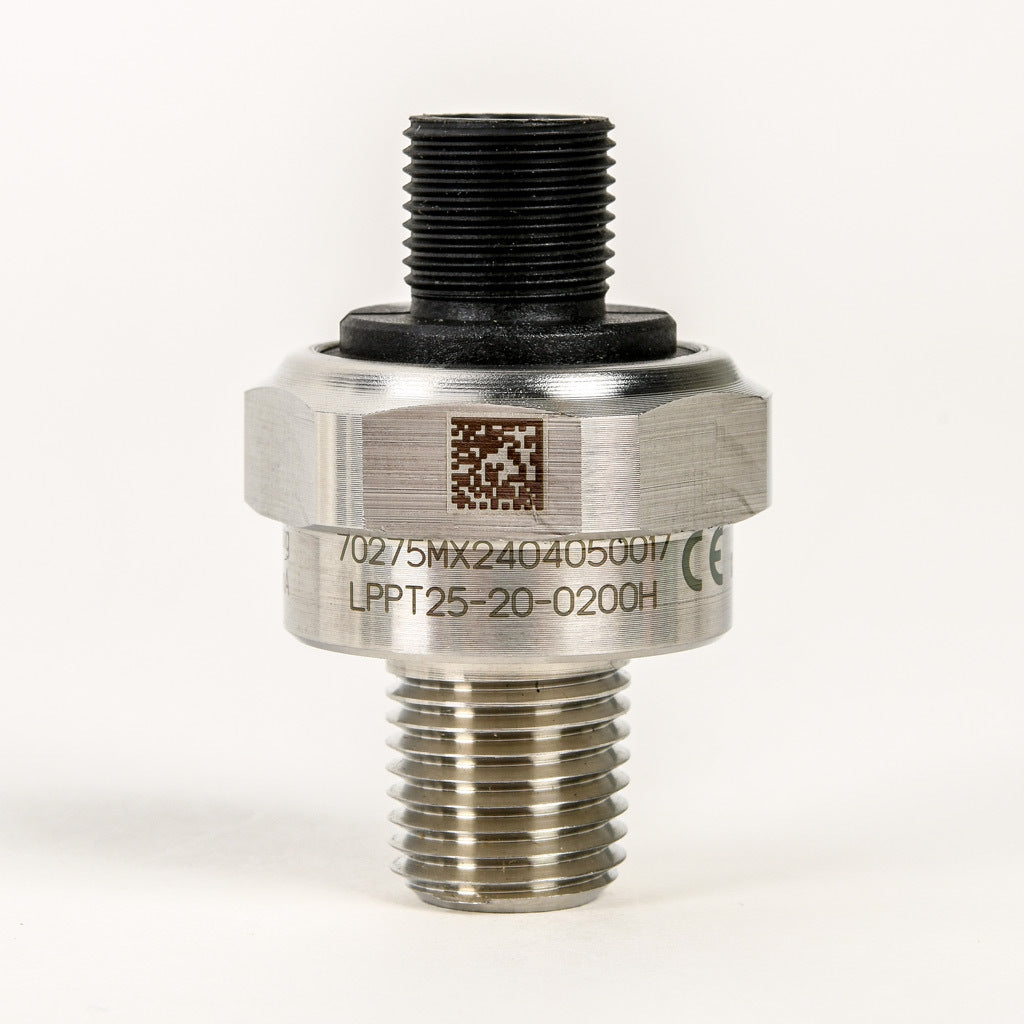 AchieVe pressure transmitter, 0 to 200 psig range, +/- 1% accuracy, stainless steel sensing element, 4-20 mA analog output, 1/4in male NPT process connection, 9-32 VDC operating voltage, 4-pin M12 quick-disconnect.-LPPT25-20-0200H