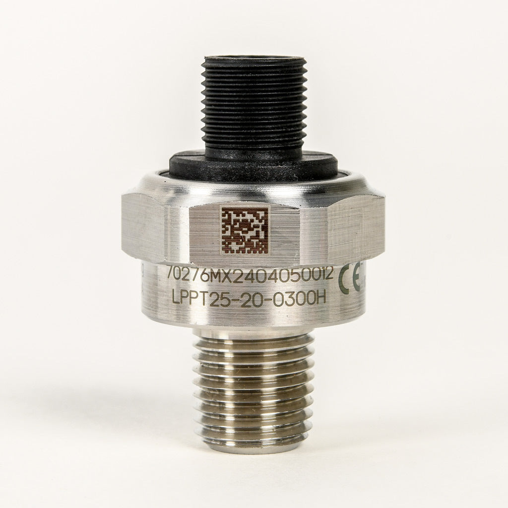 AchieVe pressure transmitter, 0 to 300 psig range, +/- 1% accuracy, stainless steel sensing element, 4-20 mA analog output, 1/4in male NPT process connection, 9-32 VDC operating voltage, 4-pin M12 quick-disconnect.-LPPT25-20-0300H