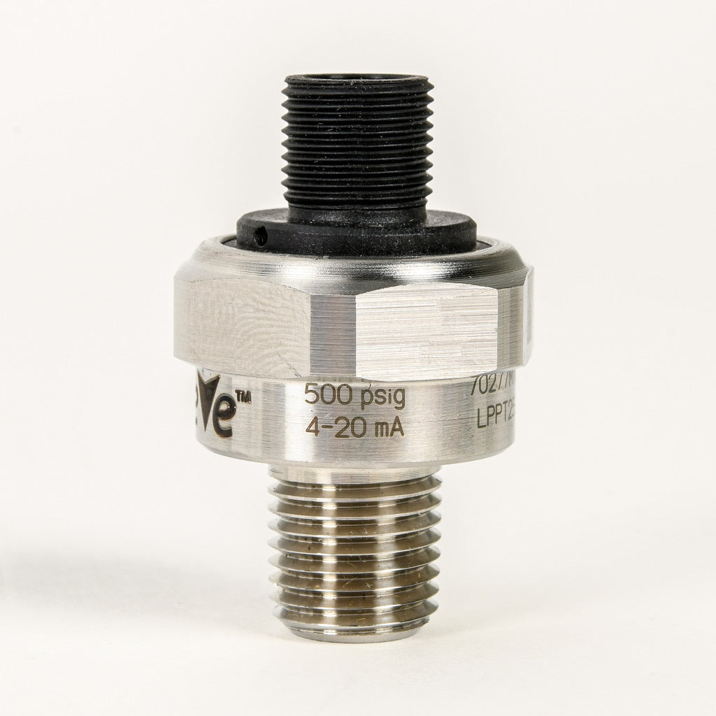 AchieVe pressure transmitter, 0 to 500 psig range, +/- 1% accuracy, stainless steel sensing element, 4-20 mA analog output, 1/4in male NPT process connection, 9-32 VDC operating voltage, 4-pin M12 quick-disconnect.-LPPT25-20-0500H