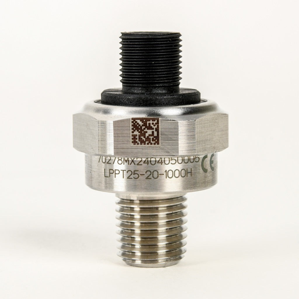 AchieVe pressure transmitter, 0 to 1000 psig range, +/- 1% accuracy, stainless steel sensing element, 4-20 mA analog output, 1/4in male NPT process connection, 9-32 VDC operating voltage, 4-pin M12 quick-disconnect.-LPPT25-20-1000H