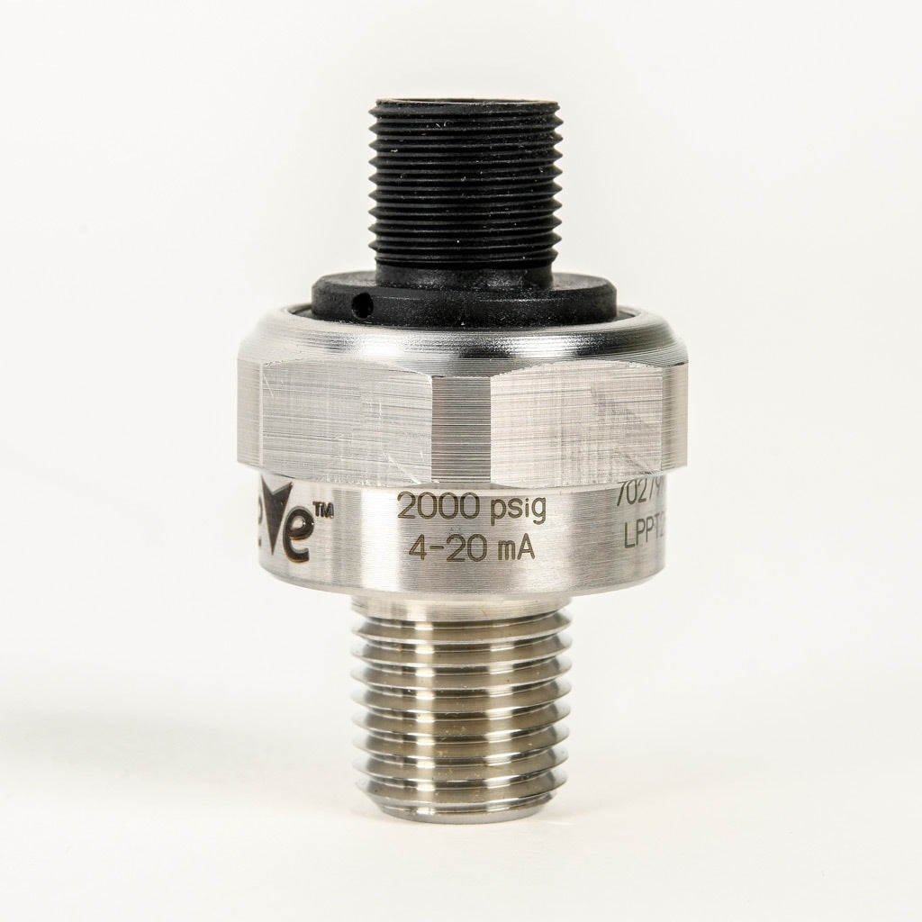 AchieVe pressure transmitter, 0 to 2000 psig range, +/- 1% accuracy, stainless steel sensing element, 4-20 mA analog output, 1/4in male NPT process connection, 9-32 VDC operating voltage, 4-pin M12 quick-disconnect.-LPPT25-20-2000H