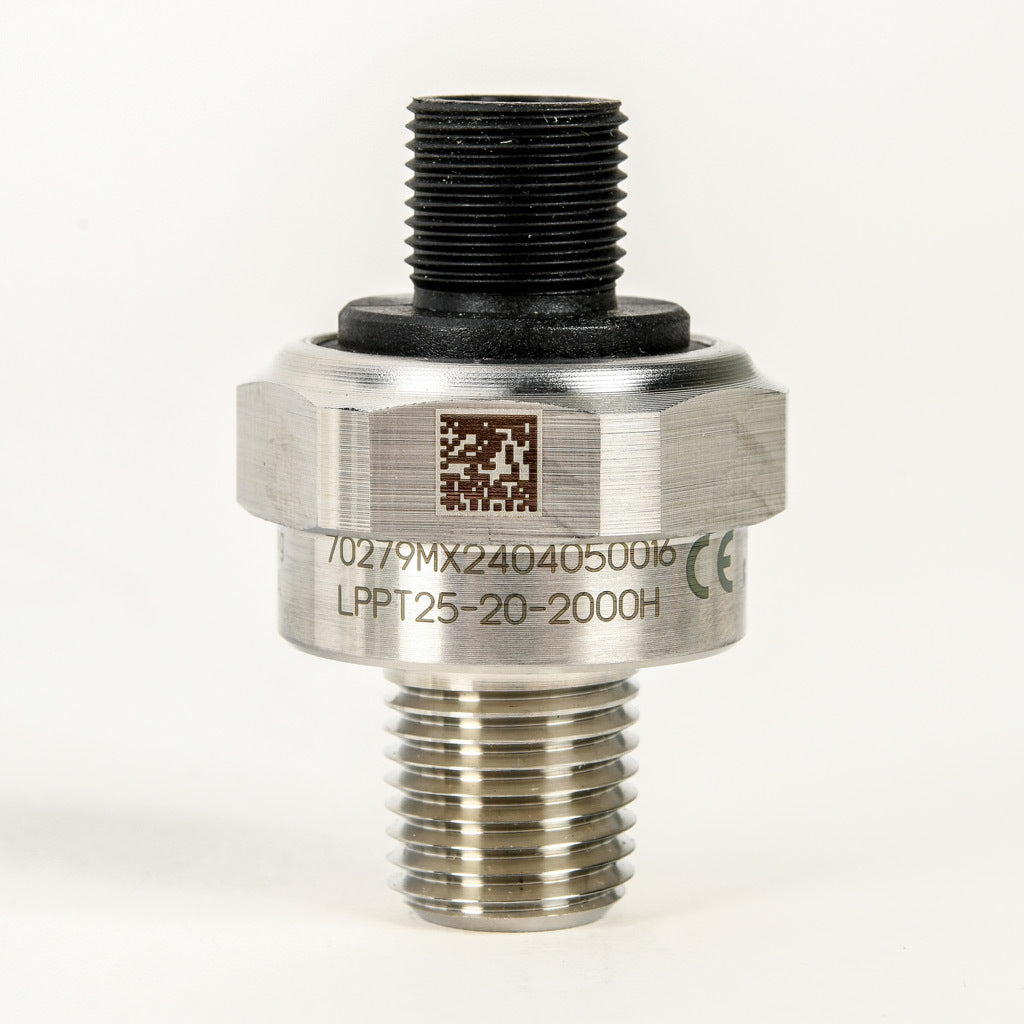 AchieVe pressure transmitter, 0 to 2000 psig range, +/- 1% accuracy, stainless steel sensing element, 4-20 mA analog output, 1/4in male NPT process connection, 9-32 VDC operating voltage, 4-pin M12 quick-disconnect.-LPPT25-20-2000H