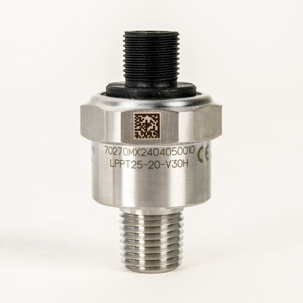 AchieVe pressure transmitter, -14.7 to 30 psig range, +/- 1% accuracy, stainless steel sensing element, 4-20 mA analog output, 1/4in male NPT process connection, 9-32 VDC operating voltage, 4-pin M12 quick-disconnect.-LPPT25-20-V30H