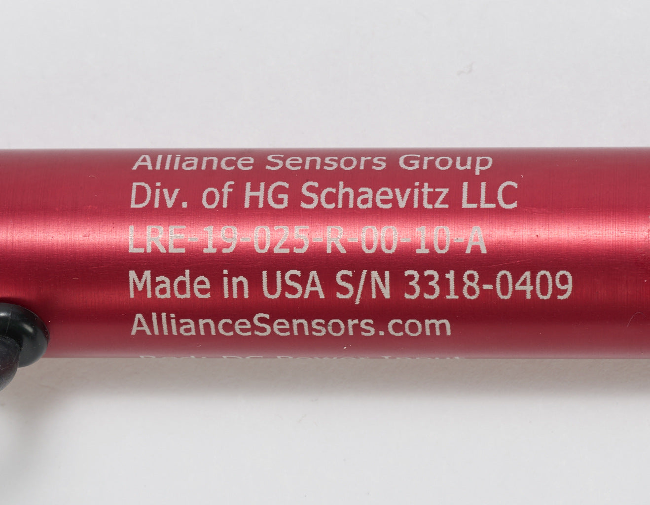 Alliance Sensors inductive linear position sensor, pivoting slide, 25mm stroke, 0-10 VDC output, 19mm diameter x 90.5mm body, rod eyes mount, pigtail, 3.2ft/1m cable length.-LRE19-025R-00-10A