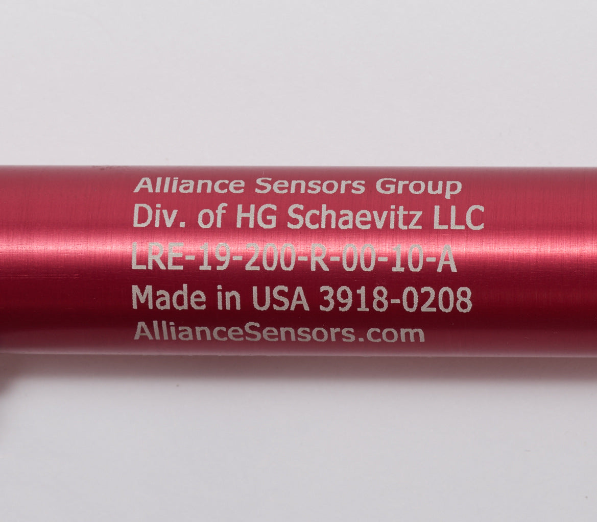 Alliance Sensors inductive linear position sensor, pivoting slide, 200mm stroke, 0-10 VDC output, 19mm diameter x 272.8mm body, rod eyes mount, pigtail, 3.2ft/1m cable length.-LRE19-200R-00-10A