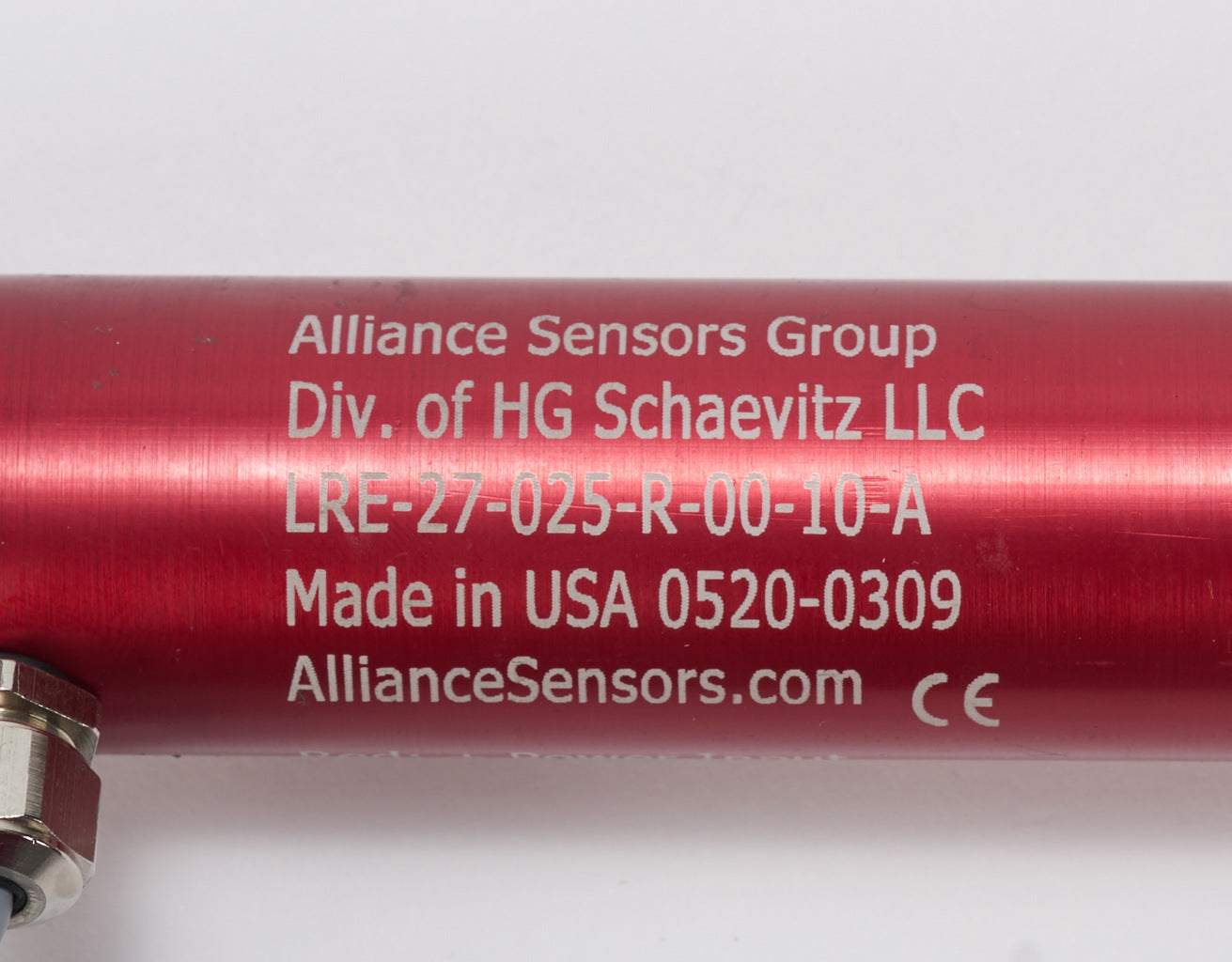 Alliance Sensors inductive linear position sensor, pivoting slide, 25mm stroke, 0-10 VDC output, 27mm diameter x 114.3mm body, rod eyes mount, pigtail, 3.2ft/1m cable length.-LRE27-025R-00-10A