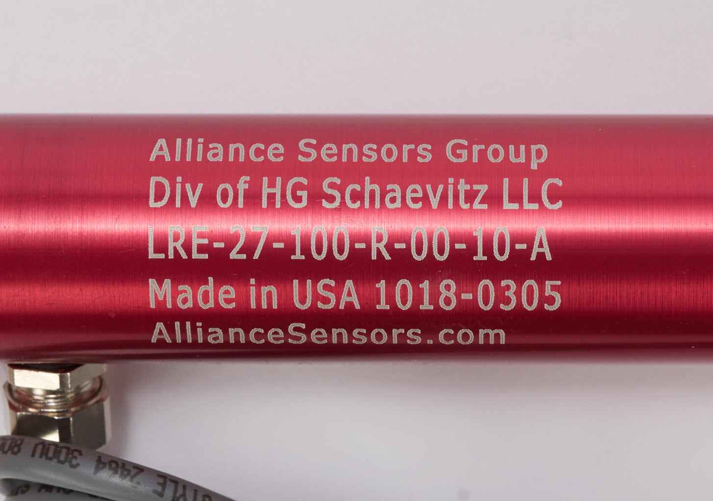 Alliance Sensors inductive linear position sensor, pivoting slide, 100mm stroke, 0-10 VDC output, 27mm diameter x 177.8mm body, rod eyes mount, pigtail, 3.2ft/1m cable length.-LRE27-100R-00-10A