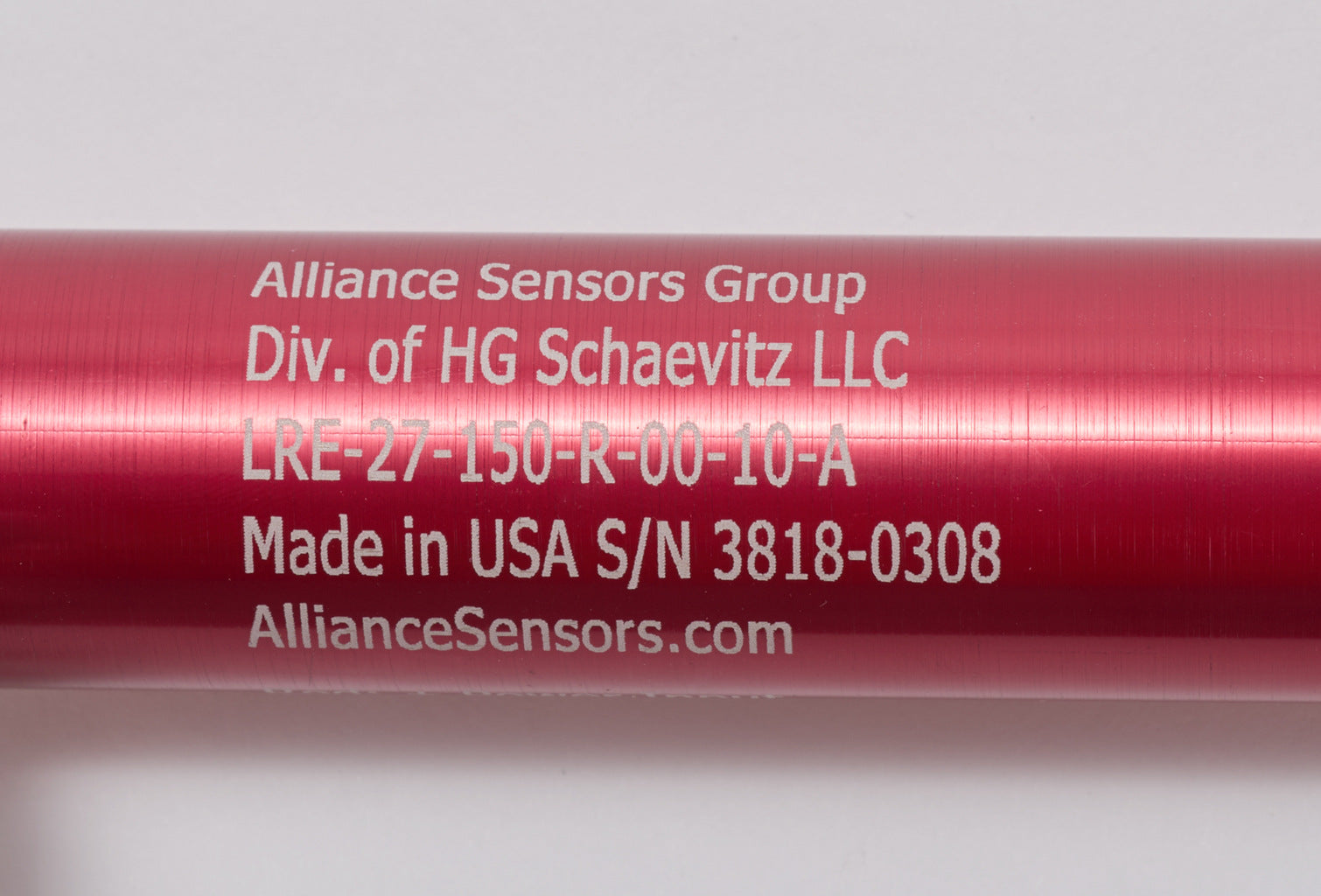 Alliance Sensors inductive linear position sensor, pivoting slide, 150mm stroke, 0-10 VDC output, 27mm diameter x 228.6mm body, rod eyes mount, pigtail, 3.2ft/1m cable length.-LRE27-150R-00-10A