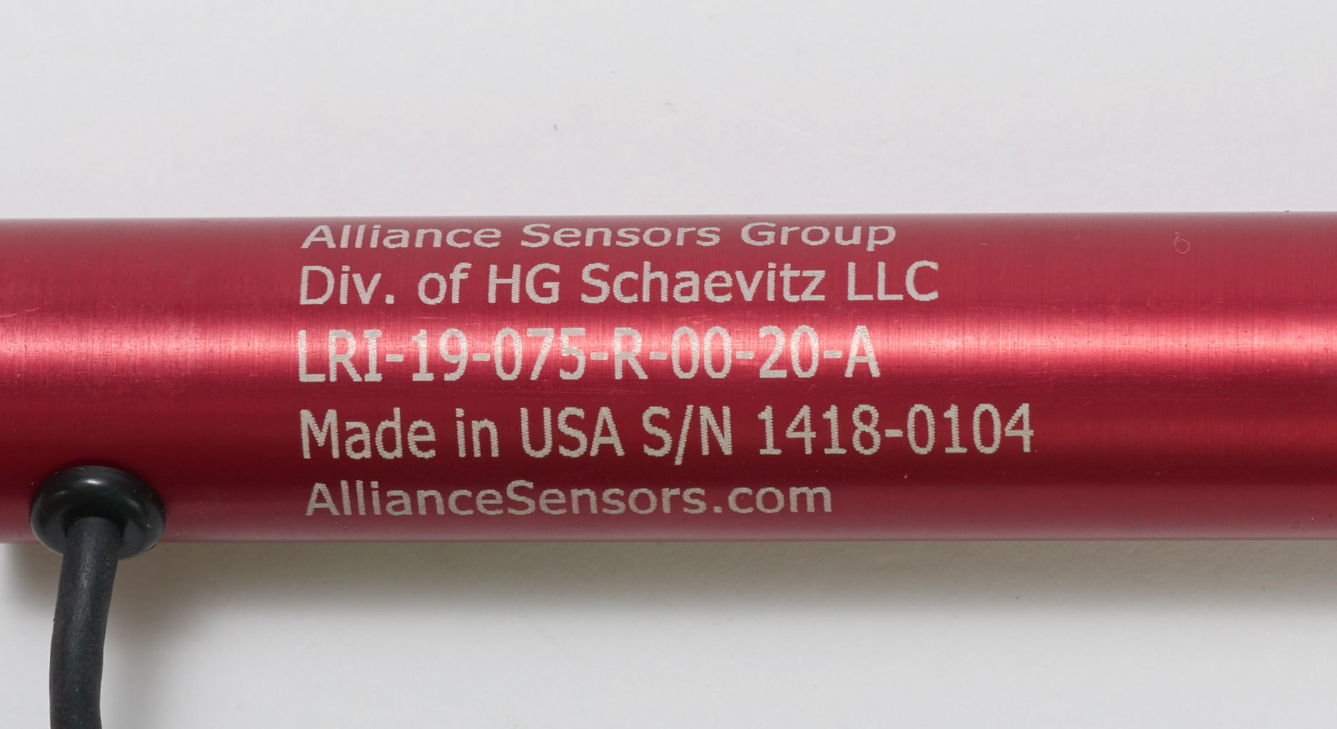 Alliance Sensors inductive linear position sensor, pivoting slide, 75mm stroke, 4-20 mA output, 19mm diameter x 145.8mm body, rod eyes mount, pigtail, 3.2ft/1m cable length.-LRI19-075R-00-20A