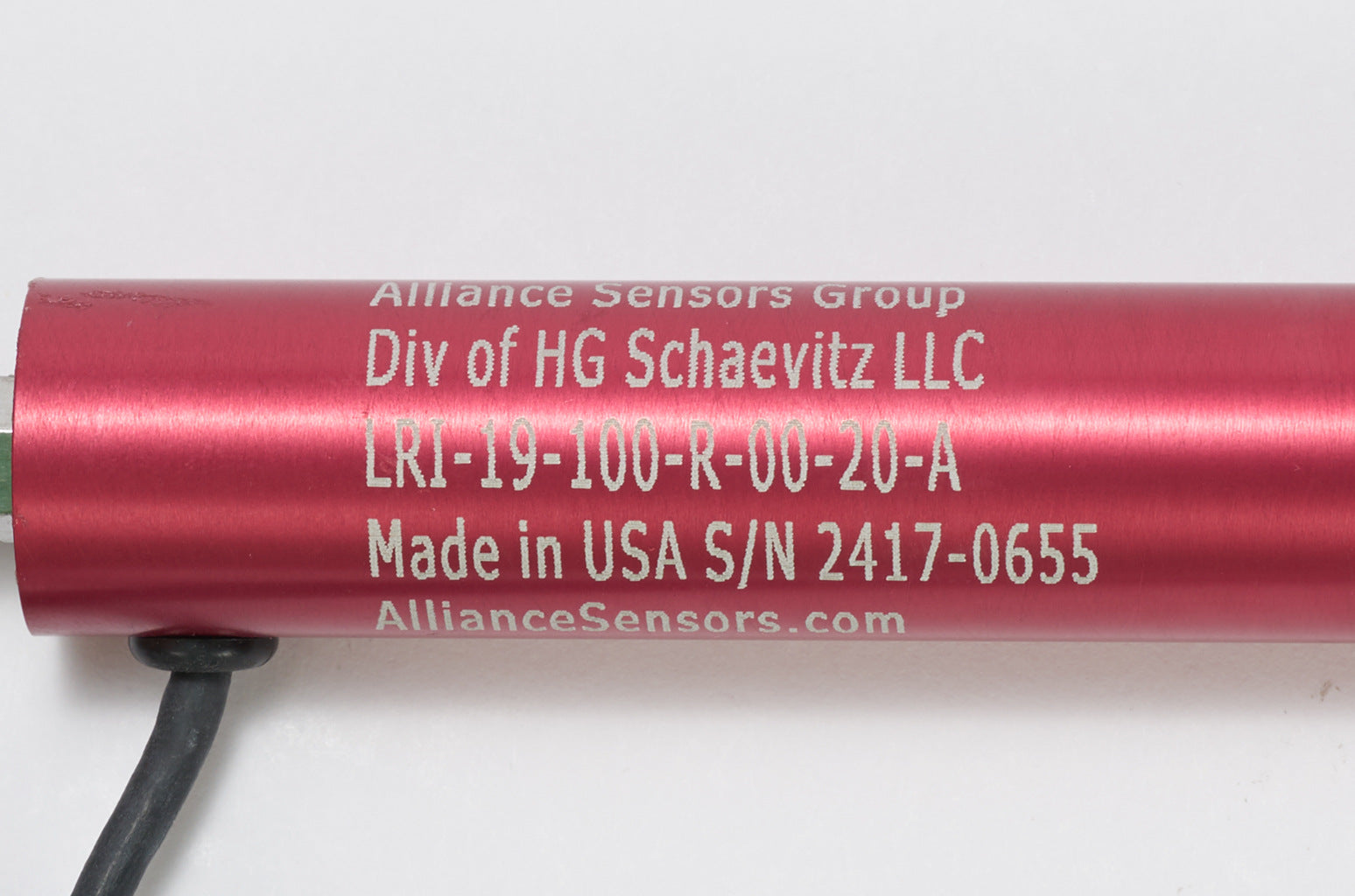 Alliance Sensors inductive linear position sensor, pivoting slide, 100mm stroke, 4-20 mA output, 19mm diameter x 171.2mm body, rod eyes mount, pigtail, 3.2ft/1m cable length.-LRI19-100R-00-20A