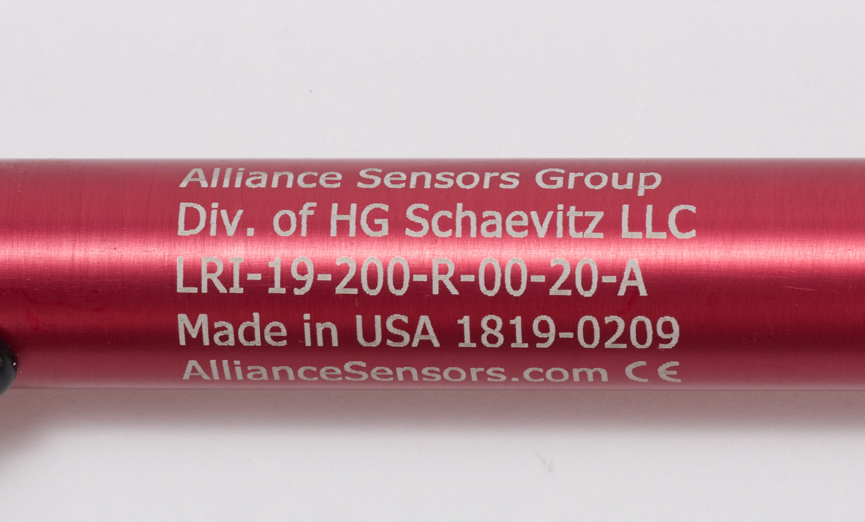 Alliance Sensors inductive linear position sensor, pivoting slide, 200mm stroke, 4-20 mA output, 19mm diameter x 272.8mm body, rod eyes mount, pigtail, 3.2ft/1m cable length.-LRI19-200R-00-20A