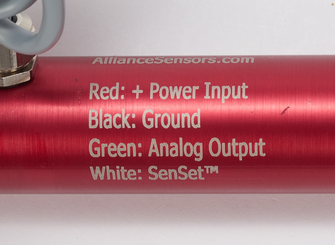 Alliance Sensors inductive linear position sensor, pivoting slide, 25mm stroke, 4-20 mA output, 27mm diameter x 114.3mm body, rod eyes mount, pigtail, 3.2ft/1m cable length.-LRI27-025R-00-20A