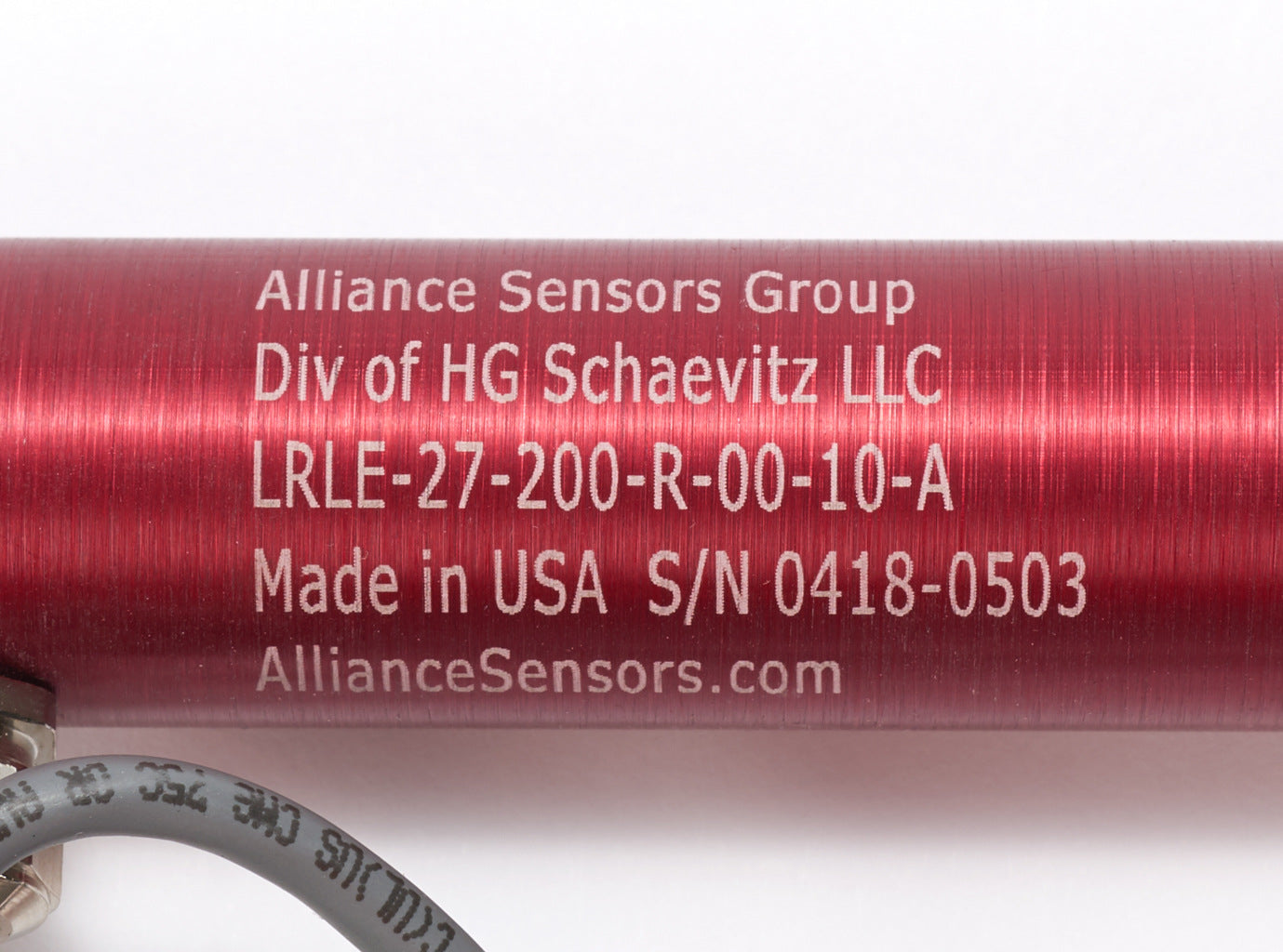Alliance Sensors inductive linear position sensor, pivoting slide, 200mm stroke, 0-10 VDC output, 27mm diameter x 292.1mm body, rod eyes mount, pigtail, 3.2ft/1m cable length.-LRLE27-200R-00-10A
