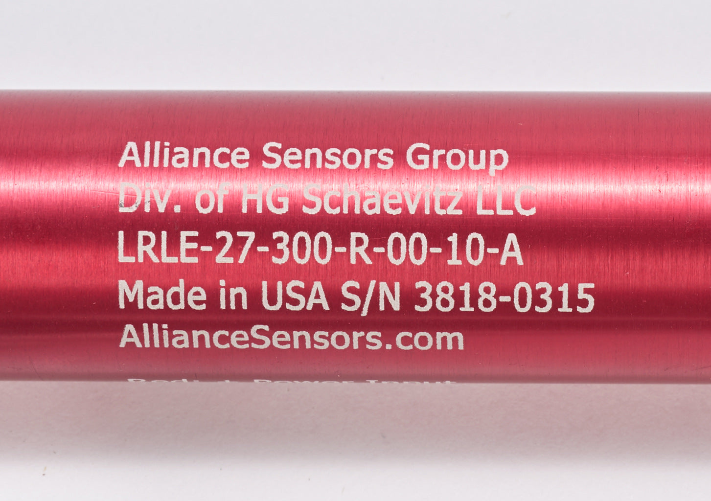 Alliance Sensors inductive linear position sensor, pivoting slide, 300mm stroke, 0-10 VDC output, 27mm diameter x 393.7mm body, rod eyes mount, pigtail, 3.2ft/1m cable length.-LRLE27-300R-00-10A
