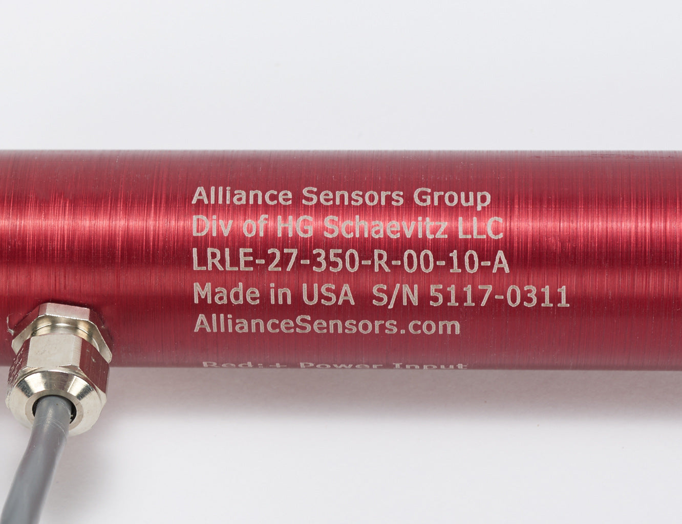 Alliance Sensors inductive linear position sensor, pivoting slide, 350mm stroke, 0-10 VDC output, 27mm diameter x 444.5mm body, rod eyes mount, pigtail, 3.2ft/1m cable length.-LRLE27-350R-00-10A