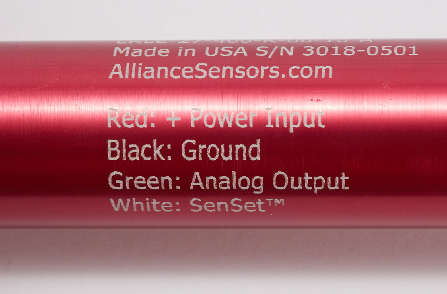 Alliance Sensors inductive linear position sensor, pivoting slide, 400mm stroke, 0-10 VDC output, 27mm diameter x 495.3mm body, rod eyes mount, pigtail, 3.2ft/1m cable length.-LRLE27-400R-00-10A