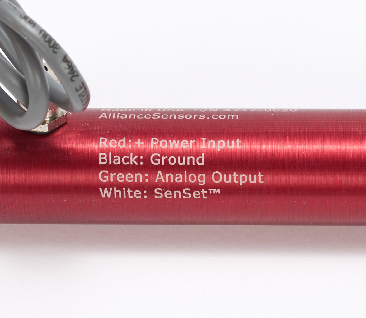 Alliance Sensors inductive linear position sensor, pivoting slide, 450mm stroke, 0-10 VDC output, 27mm diameter x 546.1mm body, rod eyes mount, pigtail, 3.2ft/1m cable length.-LRLE27-450R-00-10A