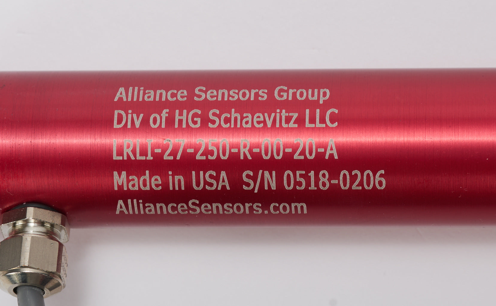 Alliance Sensors inductive linear position sensor, pivoting slide, 250mm stroke, 4-20 mA output, 27mm diameter x 342.0mm body, rod eyes mount, pigtail, 3.2ft/1m cable length.-LRLI27-250R-00-20A