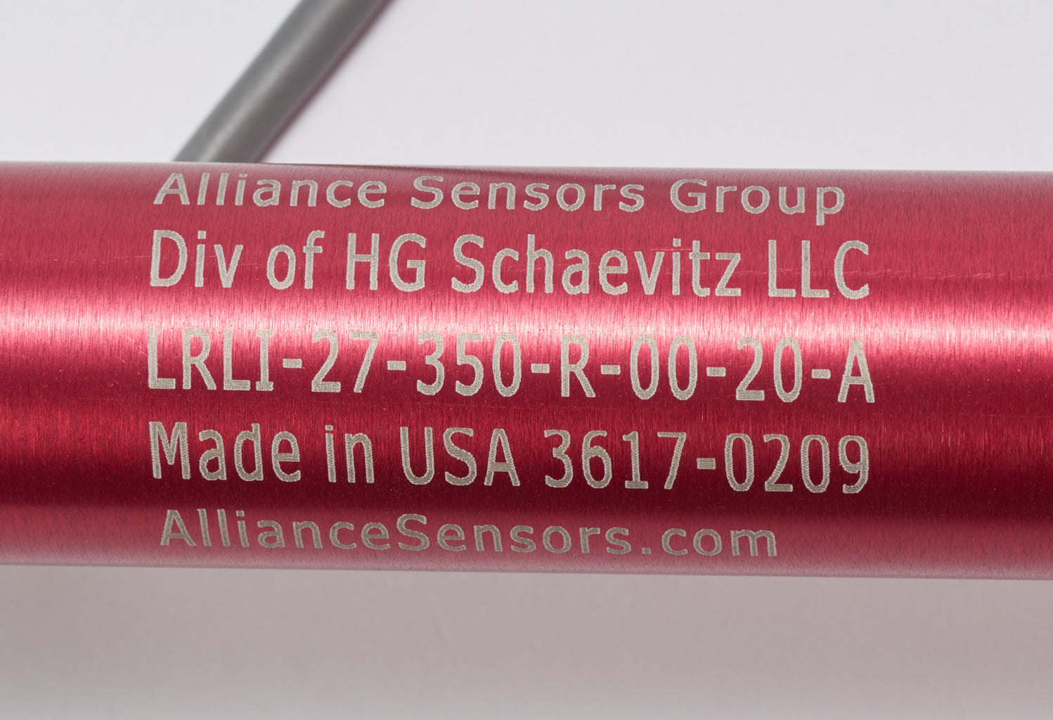Alliance Sensors inductive linear position sensor, pivoting slide, 350mm stroke, 4-20 mA output, 27mm diameter x 444.5mm body, rod eyes mount, pigtail, 3.2ft/1m cable length.-LRLI27-350R-00-20A