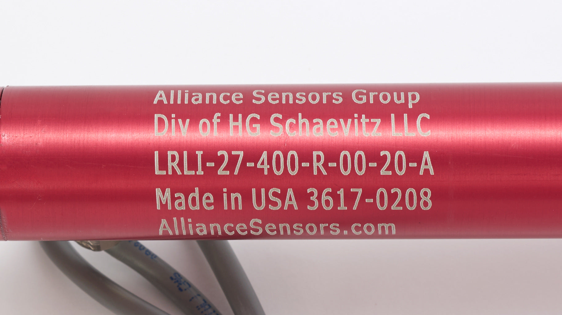 Alliance Sensors inductive linear position sensor, pivoting slide, 400mm stroke, 4-20 mA output, 27mm diameter x 495.3mm body, rod eyes mount, pigtail, 3.2ft/1m cable length.-LRLI27-400R-00-20A