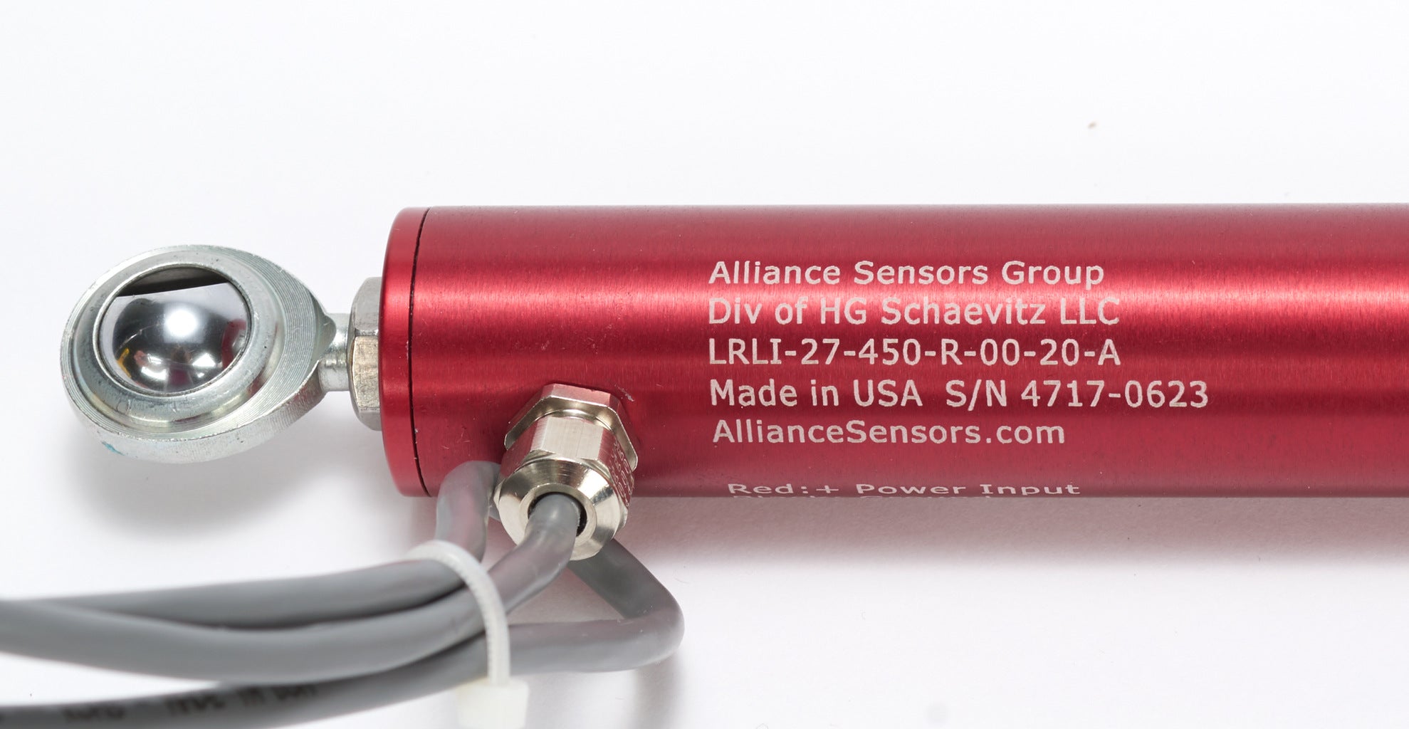 Alliance Sensors inductive linear position sensor, pivoting slide, 450mm stroke, 4-20 mA output, 27mm diameter x 546.1mm body, rod eyes mount, pigtail, 3.2ft/1m cable length.-LRLI27-450R-00-20A