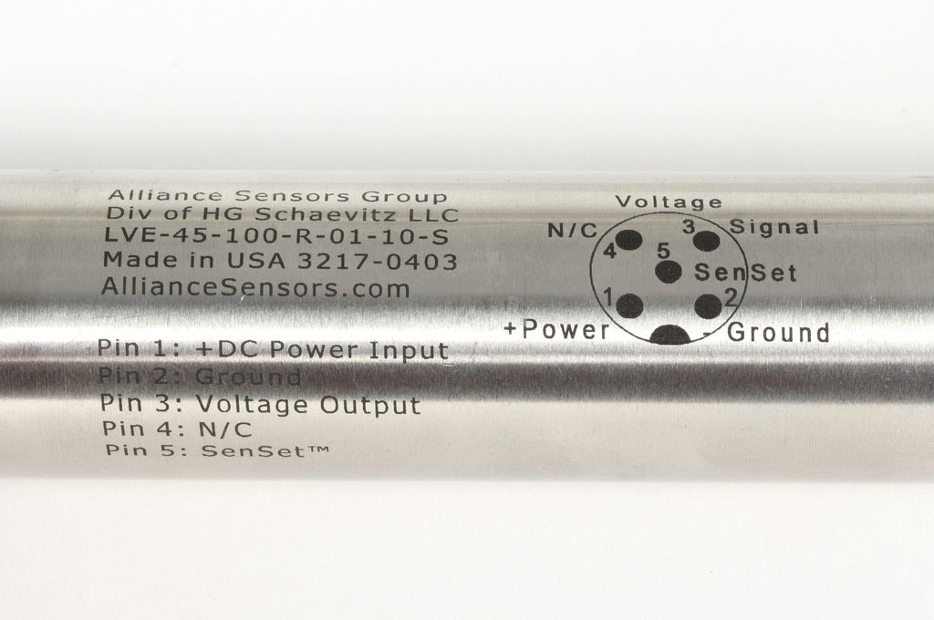 Alliance Sensors inductive linear position sensor, pivoting slide, 100mm stroke, 12.5mm shaft diameter, 0-10 VDC output, 45mm diameter x 250.9mm body, rod eyes mount, 5-pin M12 quick-disconnect.-LVE45-100R-01-10S