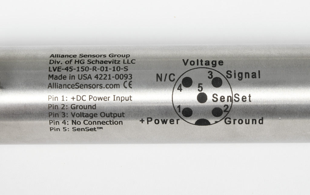 Alliance Sensors inductive linear position sensor, pivoting slide, 150mm stroke, 12.5mm shaft diameter, 0-10 VDC output, 45mm diameter x 301.7mm body, rod eyes mount, 5-pin M12 quick-disconnect.-LVE45-150R-01-10S