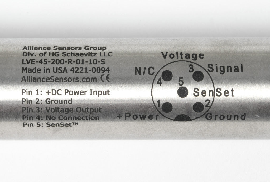 Alliance Sensors inductive linear position sensor, pivoting slide, 200mm stroke, 12.5mm shaft diameter, 0-10 VDC output, 45mm diameter x 352.5mm body, rod eyes mount, 5-pin M12 quick-disconnect.-LVE45-200R-01-10S