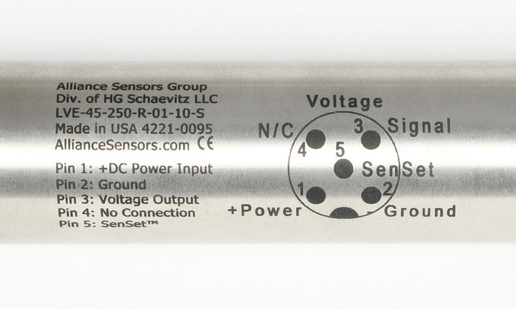 Alliance Sensors inductive linear position sensor, pivoting slide, 250mm stroke, 12.5mm shaft diameter, 0-10 VDC output, 45mm diameter x 403.3mm body, rod eyes mount, 5-pin M12 quick-disconnect.-LVE45-250R-01-10S