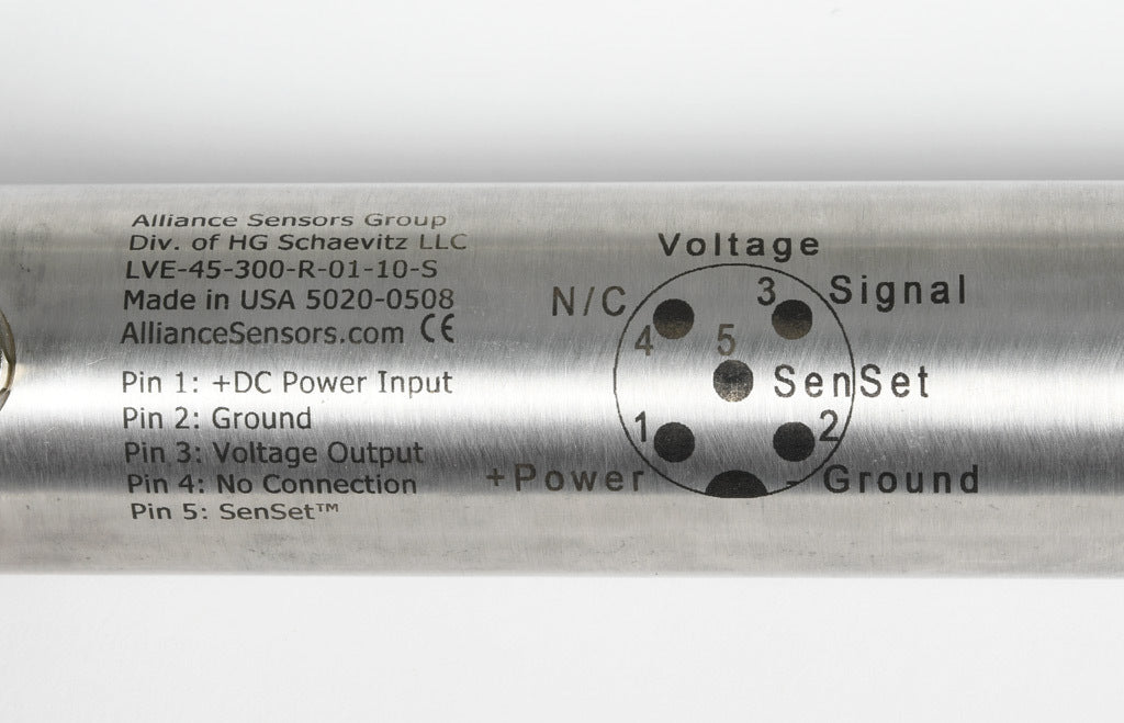 Alliance Sensors inductive linear position sensor, pivoting slide, 300mm stroke, 12.5mm shaft diameter, 0-10 VDC output, 45mm diameter x 454.1mm body, rod eyes mount, 5-pin M12 quick-disconnect.-LVE45-300R-01-10S