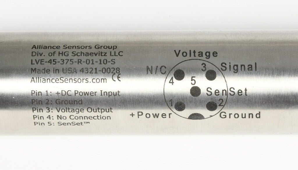 Alliance Sensors inductive linear position sensor, pivoting slide, 375mm stroke, 12.5mm shaft diameter, 0-10 VDC output, 45mm diameter x 530.4mm body, rod eyes mount, 5-pin M12 quick-disconnect.-LVE45-375R-01-10S