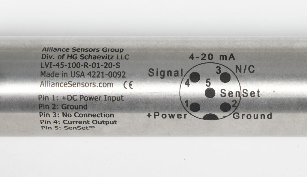 Alliance Sensors inductive linear position sensor, pivoting slide, 100mm stroke, 12.5mm shaft diameter, 4-20 mA output, 45mm diameter x 250.9mm body, rod eyes mount, 5-pin M12 quick-disconnect.-LVI45-100R-01-20S