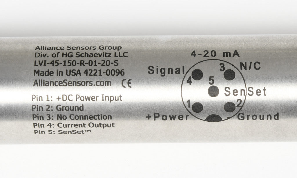 Alliance Sensors inductive linear position sensor, pivoting slide, 150mm stroke, 12.5mm shaft diameter, 4-20 mA output, 45mm diameter x 301.7mm body, rod eyes mount, 5-pin M12 quick-disconnect.-LVI45-150R-01-20S