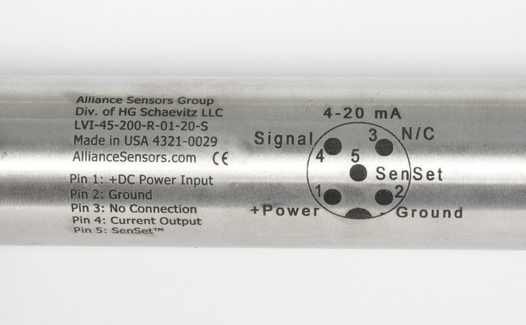 Alliance Sensors inductive linear position sensor, pivoting slide, 200mm stroke, 12.5mm shaft diameter, 4-20 mA output, 45mm diameter x 352.5mm body, rod eyes mount, 5-pin M12 quick-disconnect.-LVI45-200R-01-20S