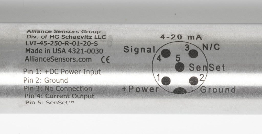 Alliance Sensors inductive linear position sensor, pivoting slide, 250mm stroke, 12.5mm shaft diameter, 4-20 mA output, 45mm diameter x 403.3mm body, rod eyes mount, 5-pin M12 quick-disconnect.-LVI45-250R-01-20S